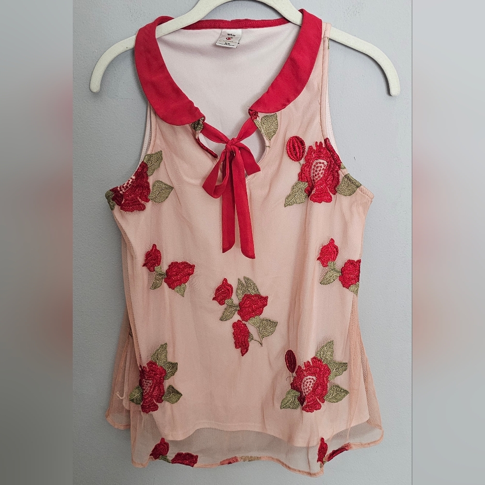 Disney Tank Top Women's XS Mesh Embroidered Floral Pink Red Tie Lauren Conrad